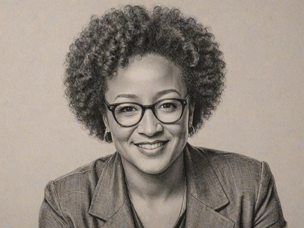 Splendid Wanda Sykes, pencil sketch, portrait of Pleasing woman 1942s in glasses, hair style beatnik, outline, clear lines, fine lines, 8k