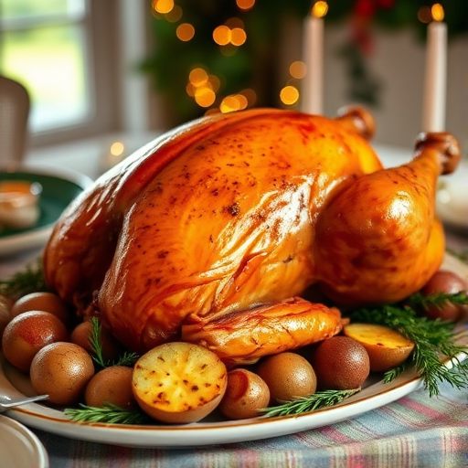 A beautifully roasted turkey on a festive table with roasted potatoes and herbs, captured in natural light with a shallow depth of field, using a DSLR camera with an aperture of f/2.8, ISO 200, and a focal length of 50mm, reflecting a warm and cozy holiday atmosphere.