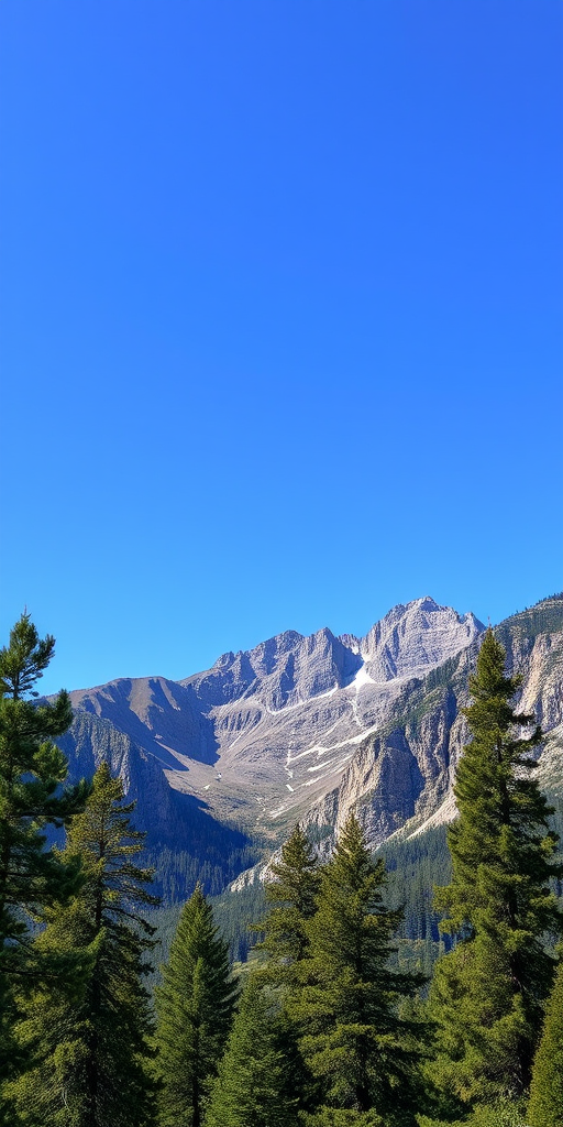Generate an image of a serene mountain landscape with a clear blue sky and green trees in the foreground, captured with a DSLR camera at 24mm focal length, aperture f/8, ISO 100, with a panoramic view in natural light.
