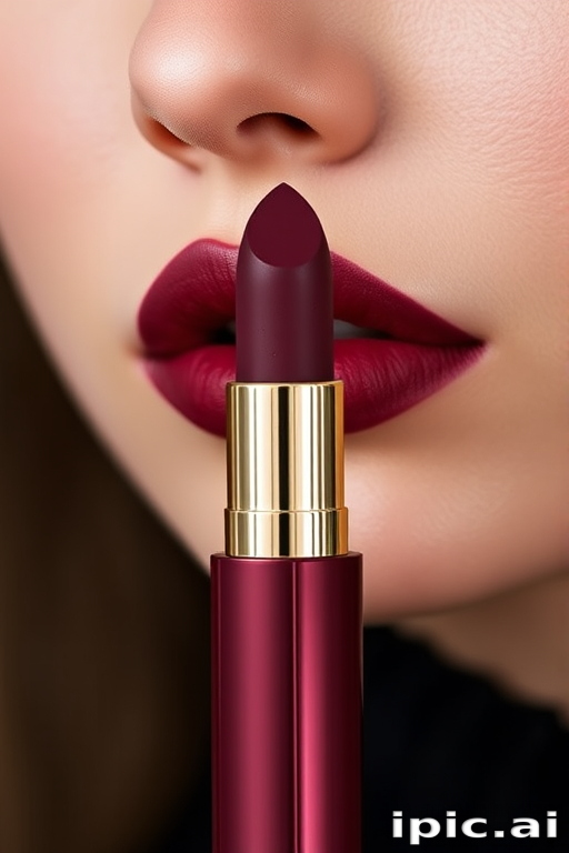 Velvety Mulberry Wine lip color offers a deep, rich burgundy with a soft matte finish, perfect for autumn and winter looks that exude sophistication