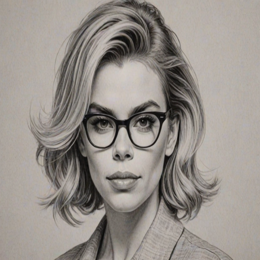 Comely Billie Piper, pencil sketch, portrait of Superb woman 1958s in glasses, hair style beatnik, outline, clear lines, fine lines, 8k