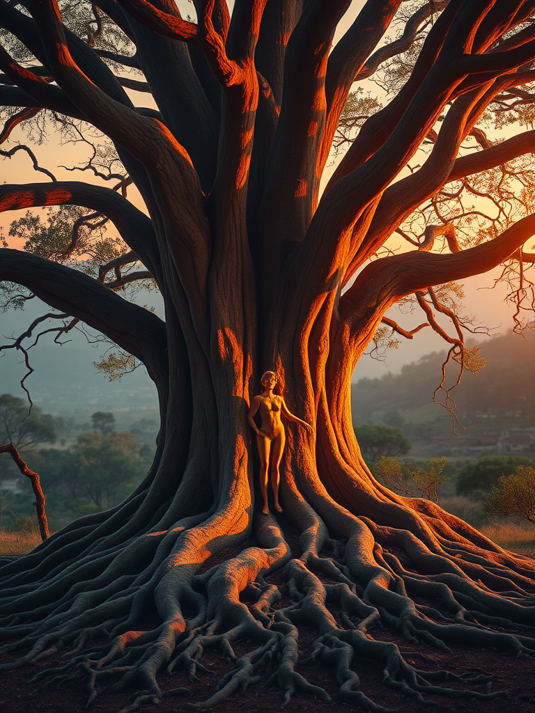 Create an ethereal scene of a majestic tree with a human figure integrated into its trunk, surrounded by sprawling roots, glowing softly in a serene landscape at sunset, captured with a Canon EOS R5, 50mm lens, f/1.8, ISO 100, with golden hour lighting to enhance the warm tones and intricate details.
