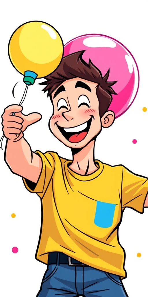 Create a colorful cartoon illustration of a man throwing a water balloon with a big smile, vibrant colors, dynamic motion lines, set against a bright background, using a DSLR camera with a 50mm lens at f/2.8, ISO 100, and a shutter speed of 1/1000s to enhance clarity and detail.