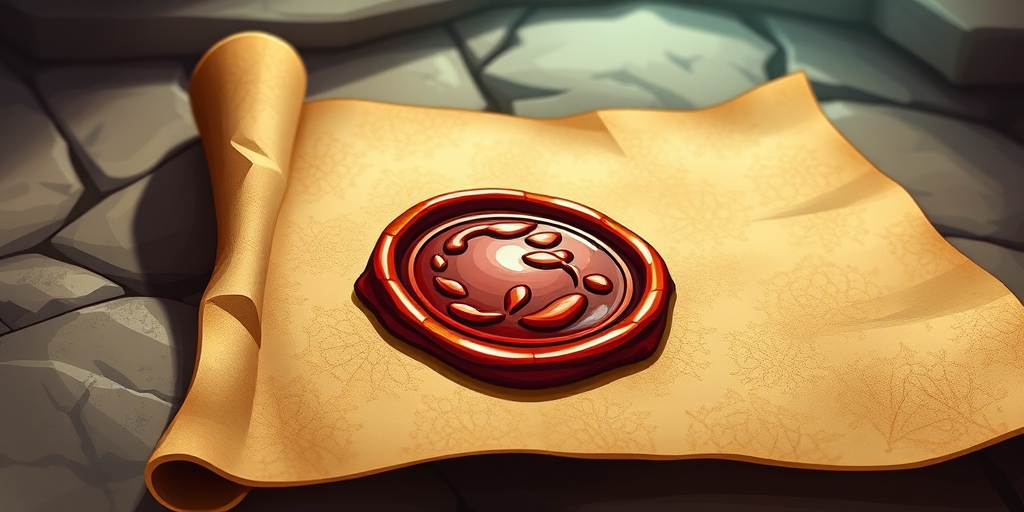 Create an illustration of an ancient scroll with a wax seal, using a digital art style, wide-angle view, simulating a DSLR camera with a focal length of 50mm, aperture set to f/2.8 for a shallow depth of field and vivid colors.