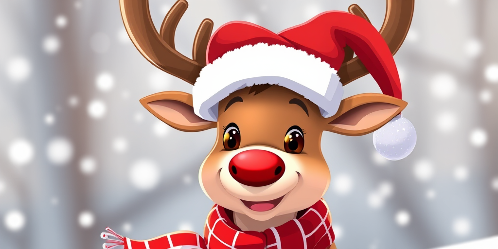 Create a festive cartoon reindeer wearing a Santa hat and a scarf with snowflakes in the background, shot with a Canon EOS R5, 50mm f/1.4 lens, f/2.8 aperture, ISO 200, in bright daylight for enhanced colors.