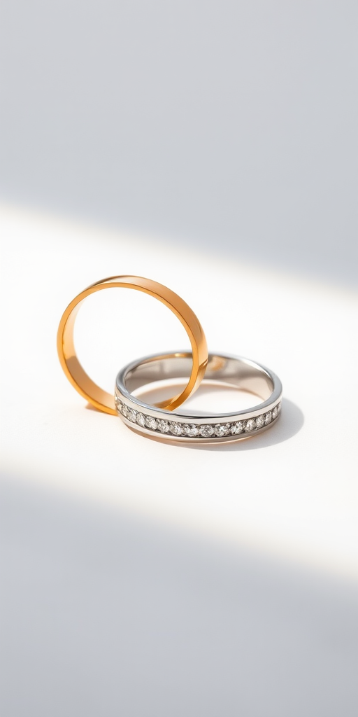 Generate a high-resolution image of interlocking wedding rings in gold and silver arrangements displayed on a plain background, using a macro lens at f/2.8, 50mm focal length, with natural lighting and a shallow depth of field to enhance detail.