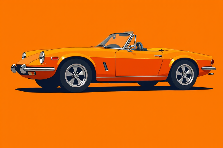 Create a side view illustration of a classic orange sports car on a solid bright orange background, using a DSLR camera with a 50mm lens, aperture f/2.8, shutter speed 1/125, and ISO 100 for high detail and vibrant colors.