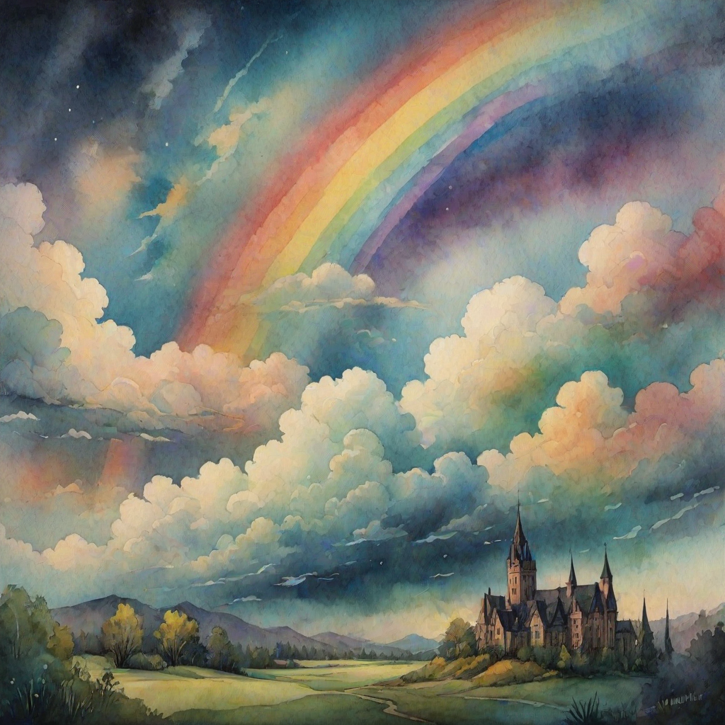 A whimsical and surreal sky with a vibrant rainbow, featuring dramatic lighting effects and a textured watercolor background, with a touch of gothic aesthetic.