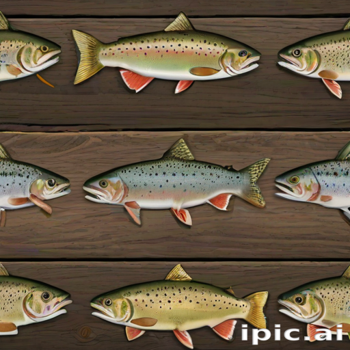 Colorful Illustrations of Various Trout Species on Rustic Wooden Background