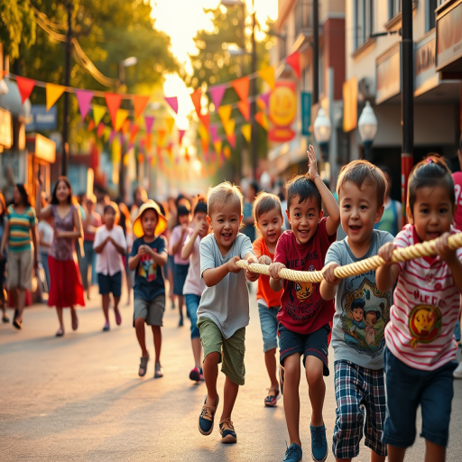 Capture a lively street scene during a festival with children joyfully pulling a rope, golden hour lighting, ISO 100, f/2.8, 1/500s, 35mm lens, using a DSLR camera for enhanced detail and vibrant colors.