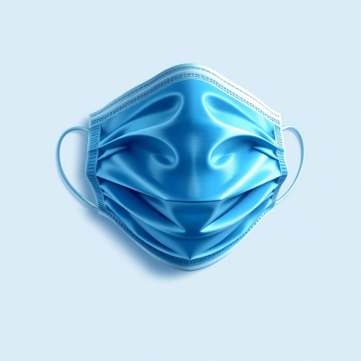 Create a highly detailed illustration of a blue surgical mask on a plain background, use a 50mm lens at f/2.8, shot from eye level, with soft natural lighting to enhance texture and depth, in a digital art style.