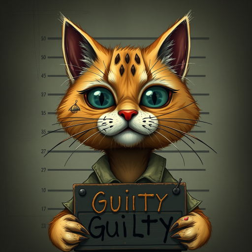 A comical cartoon-like scruffy cat, battered, dirty, with a mug shot and 'guilty' written on the board, in a whimsical and surreal art style with dark fantasy themes, dramatic lighting effects, minimalist and abstract touches, hyper-realistic details, textured backgrounds, vintage aesthetics, playful and exaggerated characters, gothic aesthetics, intricate designs, detailed patterns, and artistic composition