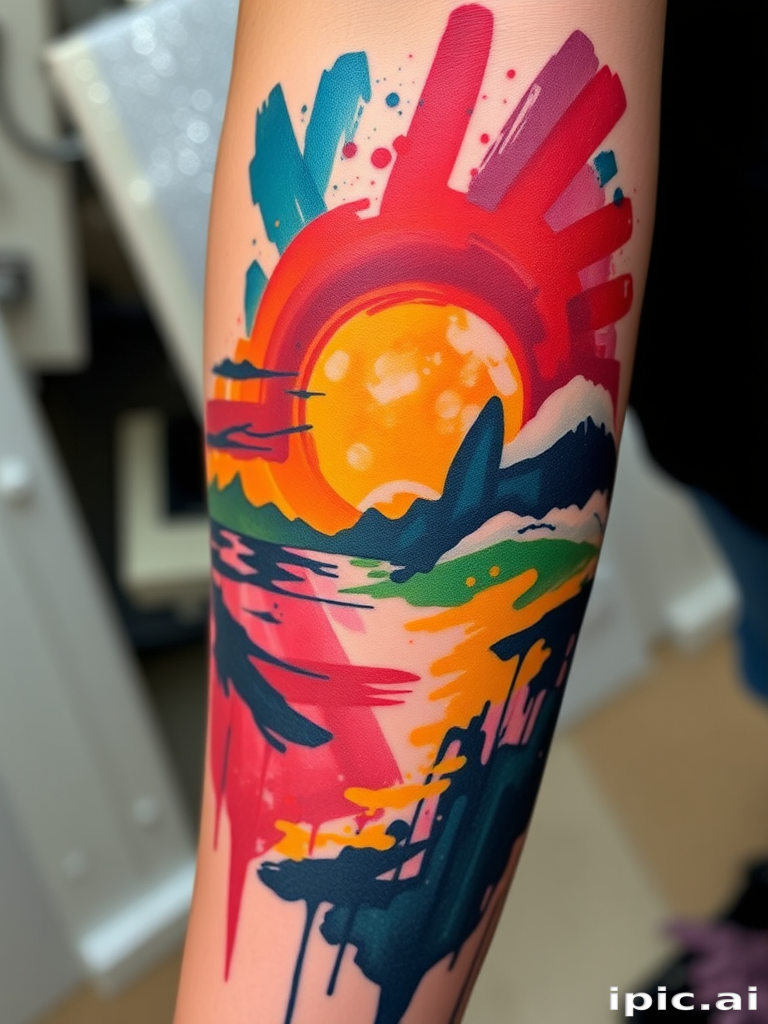Abstract expressionist tattoo piece titled "Emotional Landscape" using bold brushstrokes and vivid colors to create a non-representational design that evokes strong emotions and personal interpretations