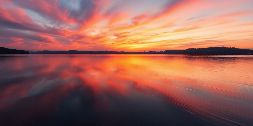 Generate an image of a serene sunset over a calm lake, with vibrant orange and pink hues reflected on the water surface, wide-angle view, f/11 aperture, ISO 100, 1/100 sec shutter speed, shot with a DSLR camera.