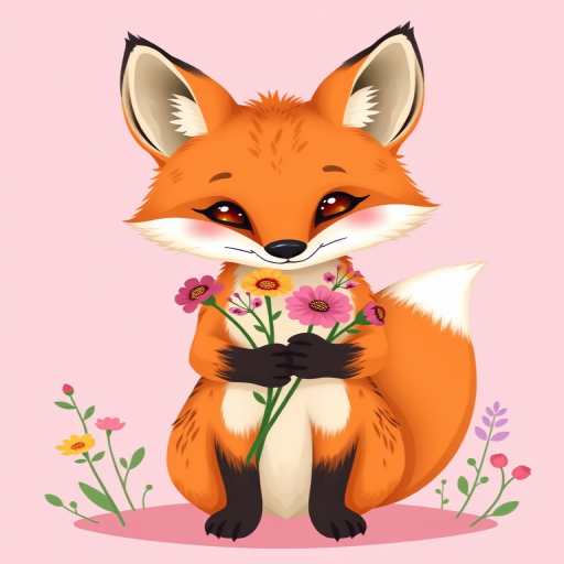 Create a cute illustration of a fox holding flowers, soft pastel pink background, bright natural colors, digital art style, aperture f/4, shutter speed 1/200 sec, ISO 200, front view, high-resolution vector art.