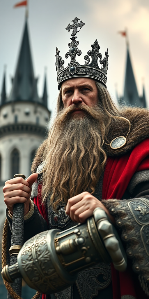 regenerate a majestic king with a long beard and a crown, holding a large ornate hammer, in front of a grand castle with spires, captured with a Canon EOS R5 at f/1.8, ISO 100, 50mm lens, using dramatic lighting and a shallow depth of field to highlight intricate details