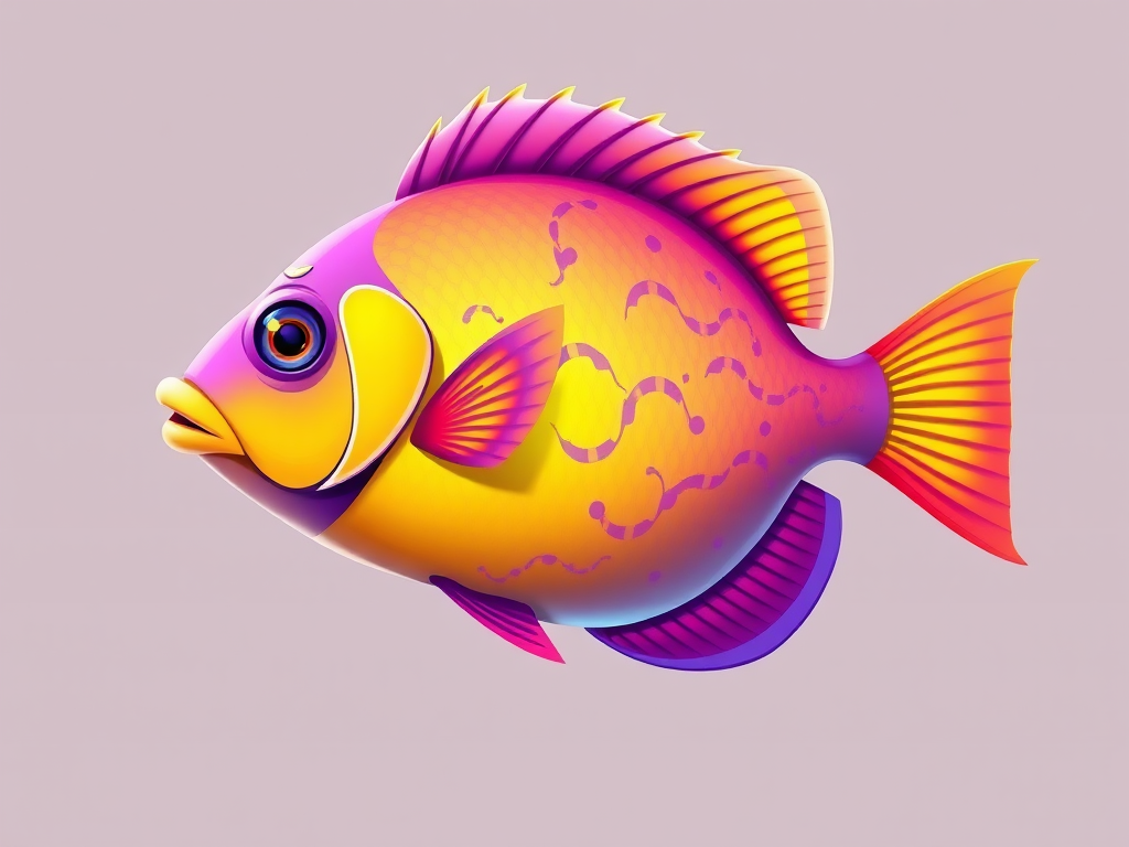 Create a vibrant, high-resolution illustration of a stylized fish with purple and yellow colors, digital art style, shot from a side view with soft lighting, using a digital tablet at 300 DPI.
