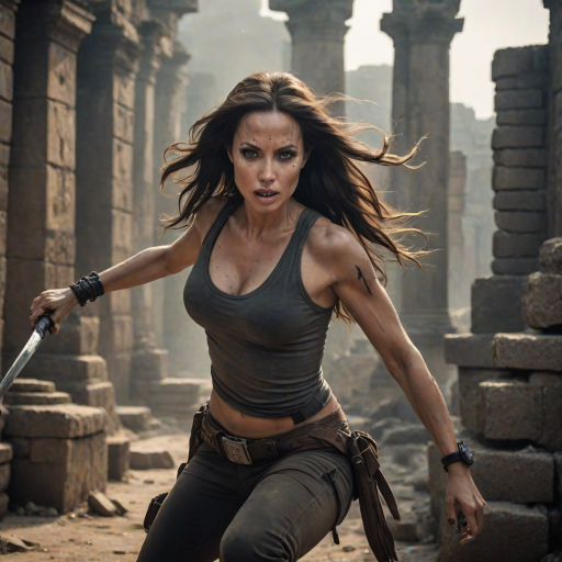 Fierce "Angelina Jolie" action pose, long dark hair in motion, determined expression, Tomb Raider inspired outfit, ancient ruins background, dramatic backlighting, smokey eye makeup, athletic physique