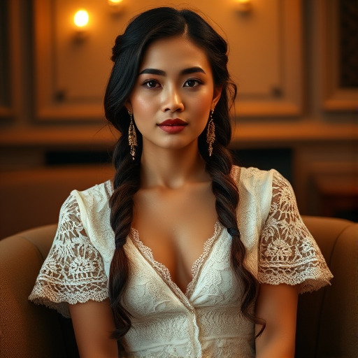 Create a portrait of a refined and elegant Indonesian woman seated in a sophisticated setting. She has long, wavy hair styled in two thick braids that are pulled over her shoulders. She wears a white, lace gown with intricate patterns, featuring a deep V-neckline and short sleeves. The dress exudes a vintage charm with its delicate lacework. She is adorned with ornate, dangling earrings that add a touch of glamour to her appearance. The background is softly lit, with warm, ambient lighting that creates a cozy and inviting atmosphere. Her expression is poised and serene, capturing a sense of grace and elegance.
