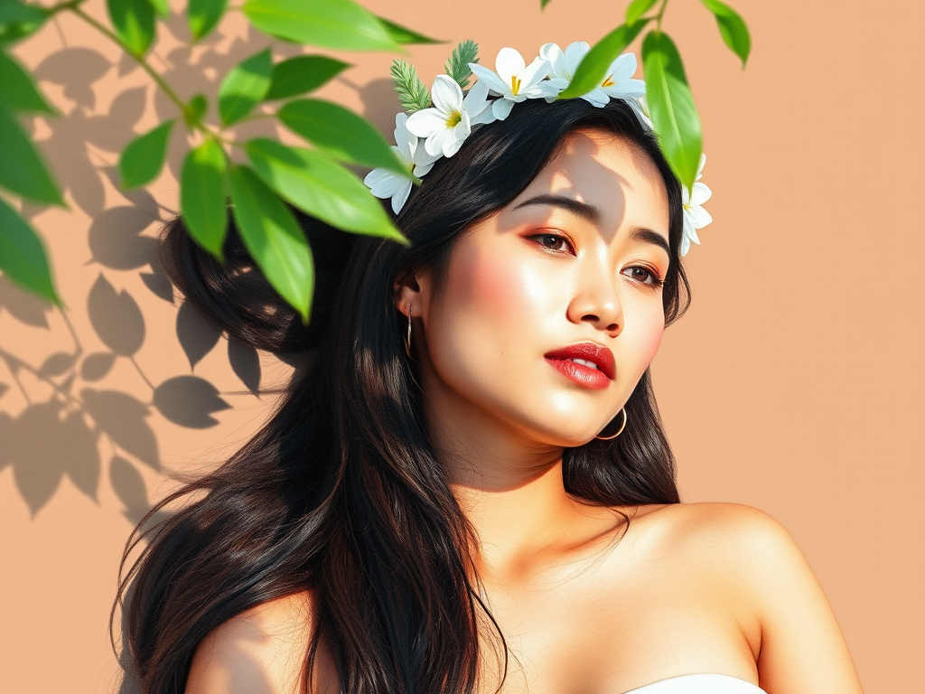create a watercolor painting of an ethereal portrait of beautiful Malay woman with a simple white flower crown on her head. Her hair is long and she is lying on the ground. The sunlight on the trees casts shadows from the leaves on her face and body. The background is a neutral brown color that matches her skin tone. The image is minimalist and solid colors. This style is characterized by soft, delicate brushstrokes and a light, airy, contrasting color palette. High level of detail and play of light