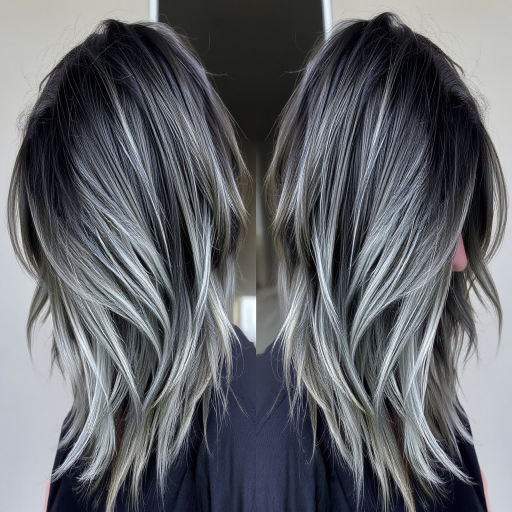 Smoky charcoal grey hair forms the base of the edgy "Storm Cloud" style. The long, layered cut features wispy, feathered ends that create movement and texture. Silver and white highlights throughout mimic flashes of lightning, while the overall look is styled in tousled, windswept waves for a dramatic, weather-inspired effect.