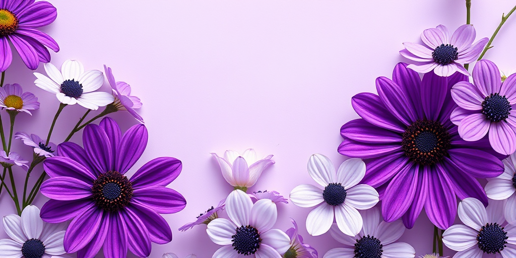 floral pattern with purple and white flowers on a soft lavender background, macro view, f/2.8 aperture, ISO 100, 50mm lens, natural light, high resolution
