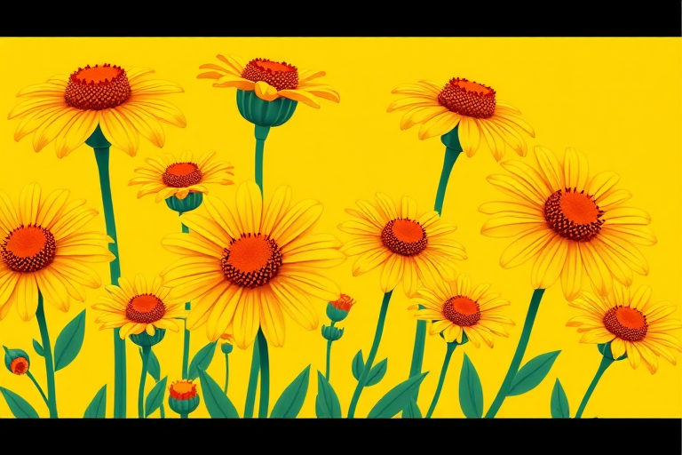 Create a vibrant illustration of stylized flowers with yellow petals and orange centers against a bright yellow background, using a high-resolution digital art style with a 50mm lens, aperture f/2.8, and soft focus to enhance image quality.