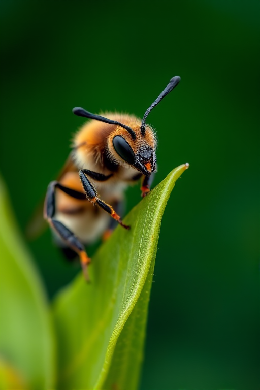 Capture a close-up macro photograph of a bee perched on a green leaf, with a shallow depth of field to blur the background, using a Canon EOS 5D Mark IV with an EF 100mm f/2.8L Macro IS USM lens, aperture set at f/2.8, shutter speed at 1/250 sec, ISO 200, natural lighting.