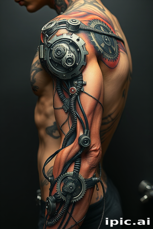 Surrealist biomechanical tattoo entitled "Cybernetic Metamorphosis" depicting a fusion of organic and mechanical elements with hyper-realistic rendering of exposed muscle tissue intertwining with gears wires and metallic components creating the illusion of a cyborg transformation in progress incorporating reflective highlights and shadow details to enhance the three-dimensional effect