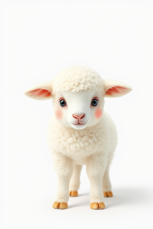 Generate a high-resolution illustration of a cute, fluffy lamb standing on a white background, using a Canon EOS R5 with a 50mm f/1.2 lens, aperture set to f/2.8, ISO 100, and soft diffuse lighting for enhanced details.
