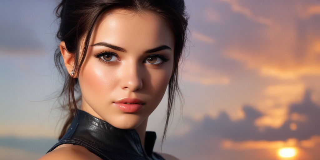Captivating Portrait of a Young Woman Against a Stunning Sunset Sky