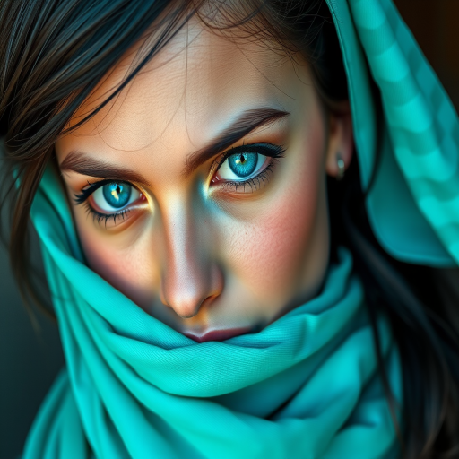 Generate a high-resolution digital illustration of a woman with striking blue eyes and dark hair, wearing a flowing turquoise scarf, shot from a slightly elevated angle with soft lighting, using a Canon EOS 5D Mark IV with a 50mm lens at f/1.8, ISO 100, and a shutter speed of 1/125s for enhanced clarity and detail.