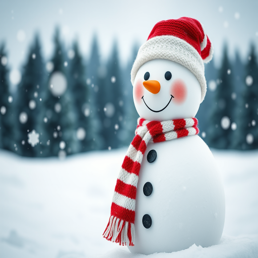 Create a winter scene featuring a cheerful snowman with a red and white striped scarf and matching hat. The background should be a soft, snowy landscape with a blurred effect of falling snowflakes. Include a serene forest of evergreen trees in the distance, adding to the tranquil atmosphere.