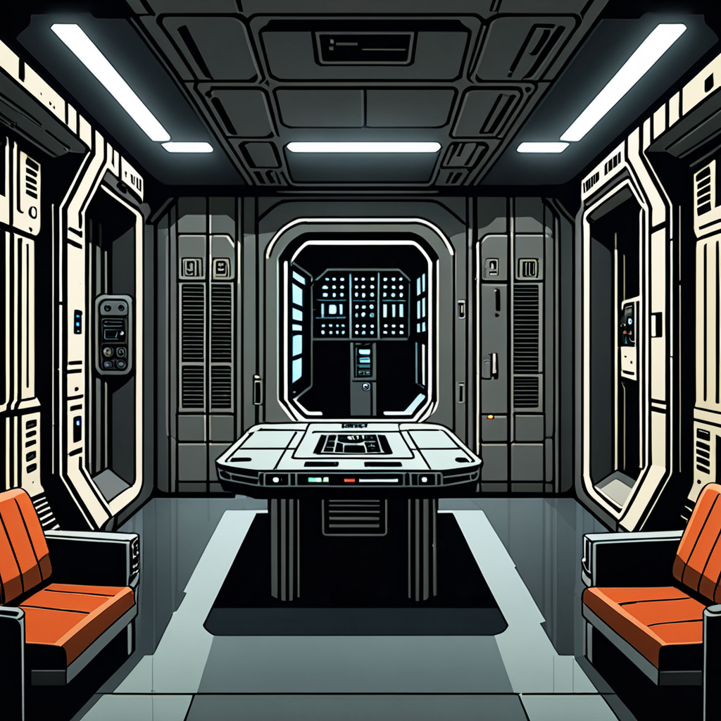 Empty prison cell of a starship from star wars. No people. Flat colors.