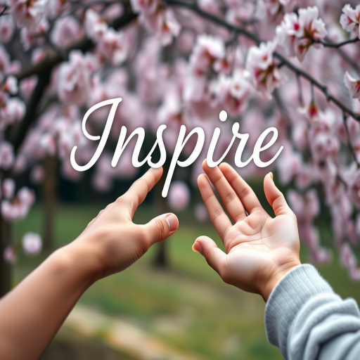 A serene composition of two hands reaching out towards each other with pink cherry blossoms in the background, featuring the word "Inspire" in an artistic font, captured with a Canon EOS R5, 50mm lens, f/1.8 aperture, ISO 100, at a shallow depth of field, with soft, natural lighting.