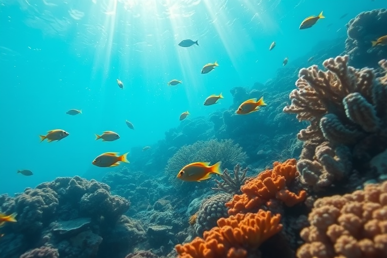 Soft-focus image of a vibrant coral reef underwater, with colorful fish swimming among the coral, soft beams of sunlight filtering through the water.