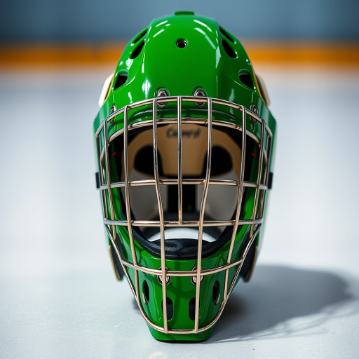 Create a high-resolution image of a green hockey goalie mask with a silver cage, shot with a Canon EOS 5D Mark IV at f/4, ISO 100, 1/125 sec, with a frontal view and a bright background.