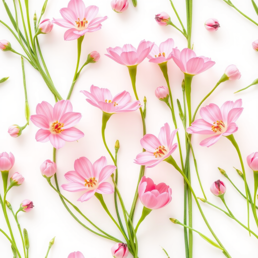 Create a seamless pattern featuring delicate pink flowers with green stems on a white background. The flowers should vary in size and orientation for a natural look.