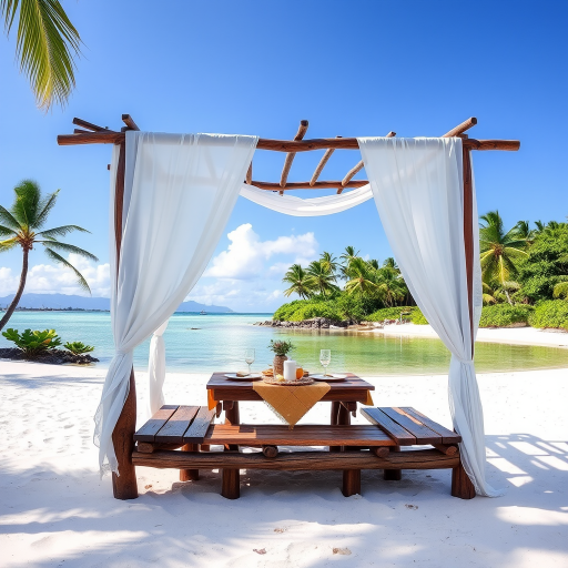 Create a picturesque tropical beach scene featuring a serene, white sandy shore. In the foreground, there's a rustic wooden canopy with white drapes gently flowing in the breeze. Underneath the canopy, a table is set with tropical decor, evoking a sense of relaxation and leisure. The beach extends into a calm, shallow water area with reflections of the sky and surroundings. Palm trees and lush greenery line the edge of the beach, providing a natural, tropical backdrop. The sky is clear with a few scattered clouds, and the overall atmosphere is tranquil and inviting, perfect for a peaceful retreat.