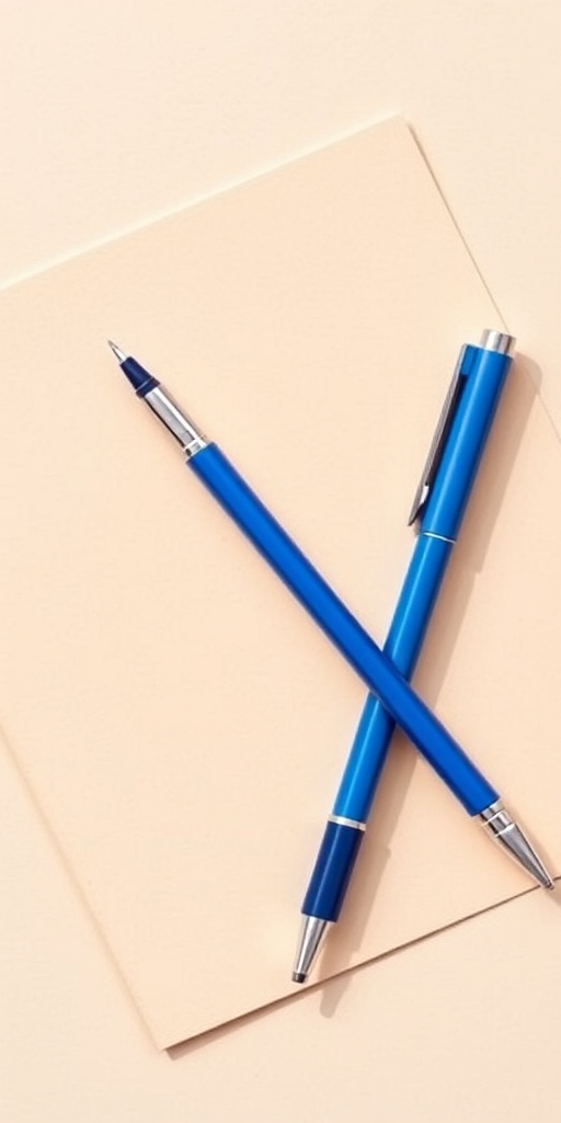 Create an image of two pens, one red and one blue, placed diagonally on top of two sheets of beige paper, using a DSLR camera at f/2.8 aperture, 50mm lens, in natural lighting for enhanced clarity and color vibrancy.