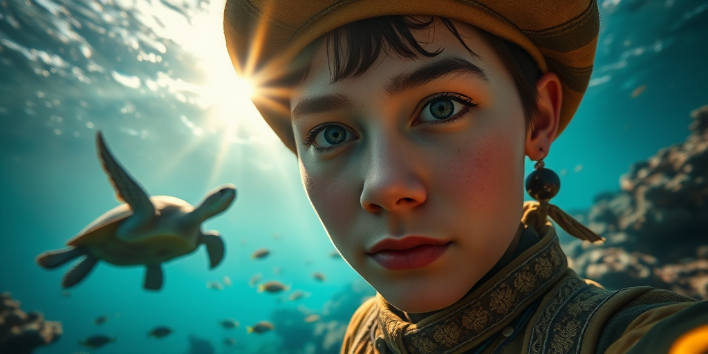 Realistic selfie image of a Kyrgyz, wearing a vintage outfit, detailed dreamy eyes, droopy hooded eyes, staring at the camera, taken underwater at coral reef with a sunbeam filtering through the water, vibrant, summer vacation, natural lighting, turtle and school of tropical fish with vibrant colors, rendered in the style of CryEngine, Pegi Nicol MacLeod, with realistic genre scenes, hauntingly beautiful narratives, ultra-realism, and Thomas Saliot's close-up technique, 8K resolution, crystal clear and sparkling water.