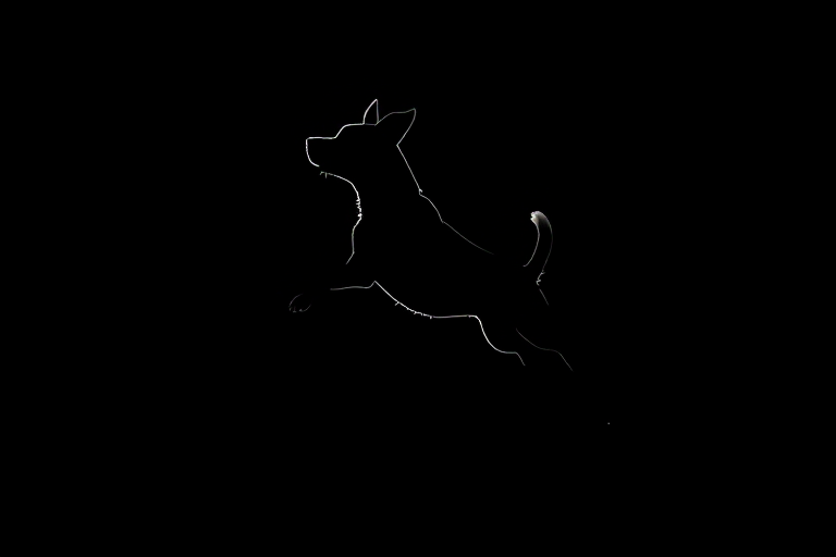 Create a dynamic silhouette of a playful dog leaping in the air against a solid black background, captured with a DSLR camera at f/2.8 aperture, ISO 100, 1/500 sec shutter speed, with a wide-angle lens for an engaging perspective.