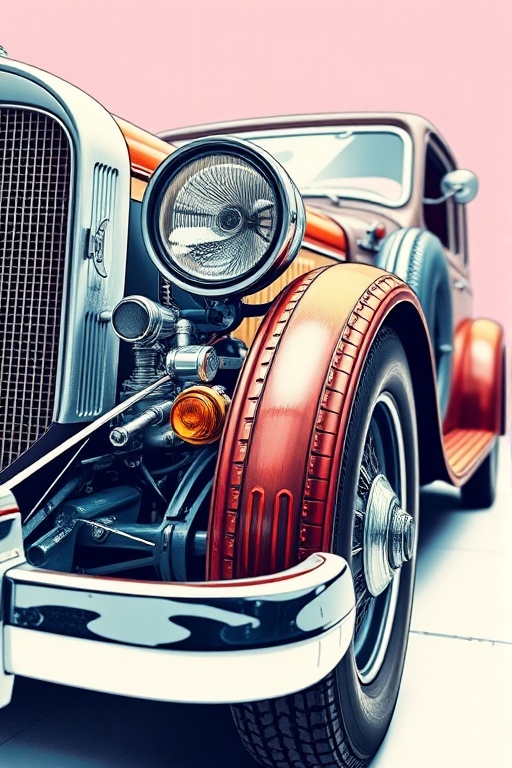 create a detailed illustration of a vintage car with a focus on intricate mechanical parts and artistic lines, use a high-resolution digital camera with settings at 50mm lens, f/8 aperture, ISO 100, shoot from a low angle to emphasize the vehicle's classic features and textures, use a soft focus background for depth and clarity.