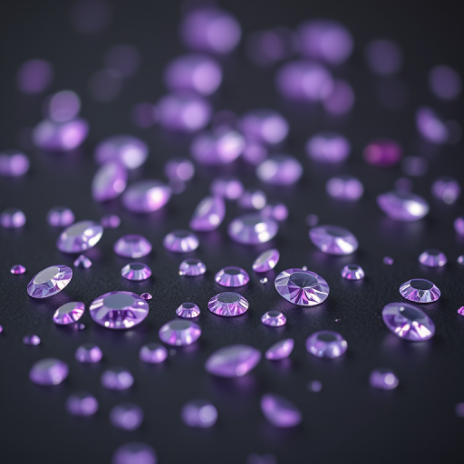Close-up shot of scattered purple diamonds on a smooth dark surface, using a macro lens at f/2.8 aperture, 1/125 sec shutter speed, ISO 100, with a shallow depth of field and soft natural lighting to enhance sparkle and clarity.