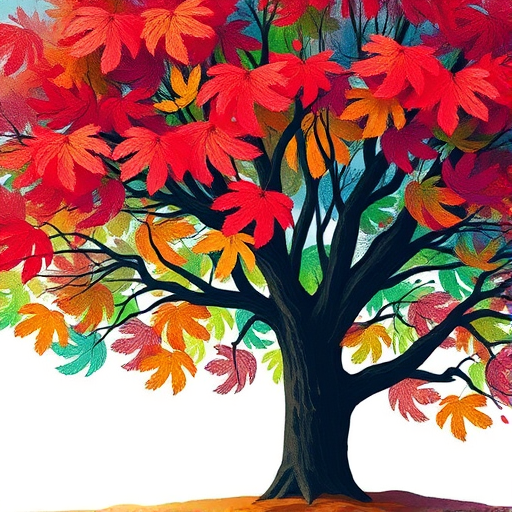 Generate a high-resolution illustration of a tree with colorful, abstract fingerprint-like leaves in vibrant red, blue, green, and yellow hues, using a DSLR camera with a 50mm lens, f/1.8 aperture, 1/200 shutter speed, ISO 100, shot from a low angle to emphasize the tree's grandeur, in a bright and evenly lit environment.