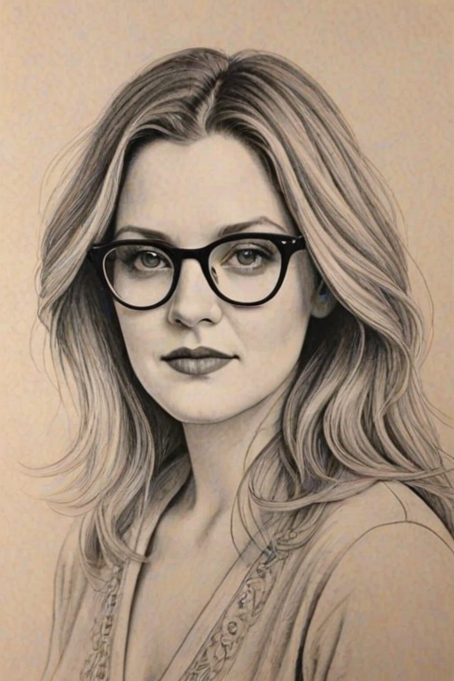 Lovely Drew Barrymore, pencil sketch, portrait of Captivating woman 1923s in glasses, hair style beatnik, outline, clear lines, fine lines, 8k