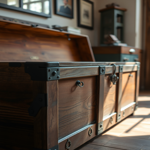 Capture a wooden chest with metal accents and vintage styling in a well-lit environment using a Canon EOS R5 with a 50mm lens at f/1.8, ISO 100, shutter speed 1/125s, and a side angle view, showcasing intricate details and textures.