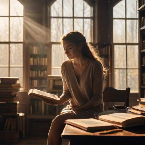 Cozy library filled with shelves of books, a woman lost in a novel at a reading table, sunlight streaming through tall windows, illuminating dust particles in the air.