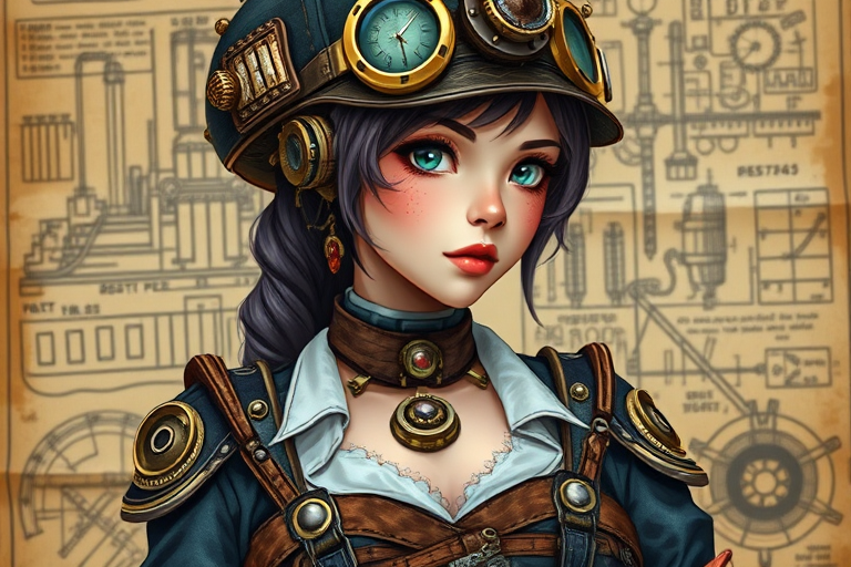 Regenerate an illustration of a steampunk female character in a detailed outfit with mechanical elements, set against a background of intricate technical sketches and blueprints, using a Canon EOS 5D Mark IV, ISO 100, f/8, 50mm lens, shot in natural light to enhance colors and textures, focused close-up to capture details in the clothing and background.