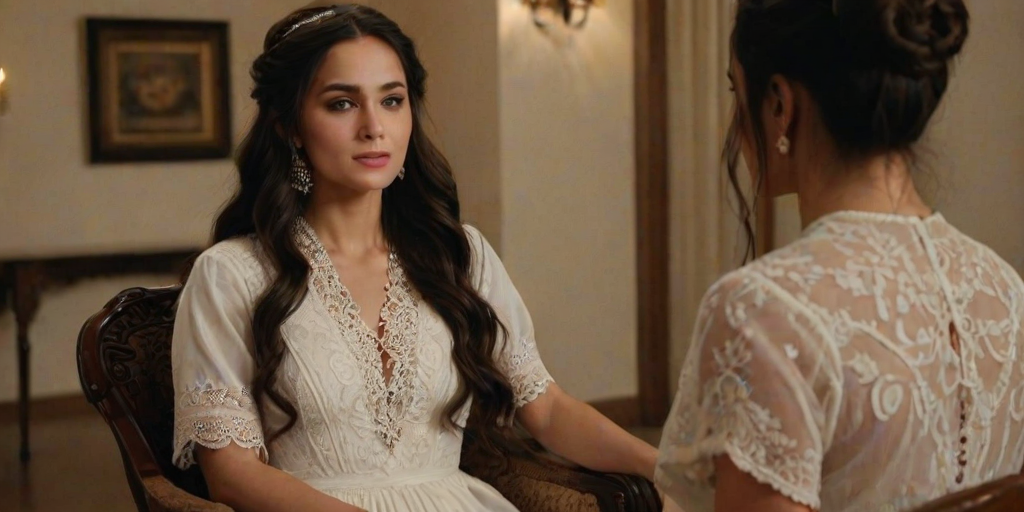 Create a portrait of a refined and elegant Afghan woman seated in a sophisticated setting. She has long, wavy hair styled in two thick braids that are pulled over her shoulders. She wears a white, lace gown with intricate patterns, featuring a deep V-neckline and short sleeves. The dress exudes a vintage charm with its delicate lacework. She is adorned with ornate, dangling earrings that add a touch of glamour to her appearance. The background is softly lit, with warm, ambient lighting that creates a cozy and inviting atmosphere. Her expression is poised and serene, capturing a sense of grace and elegance.